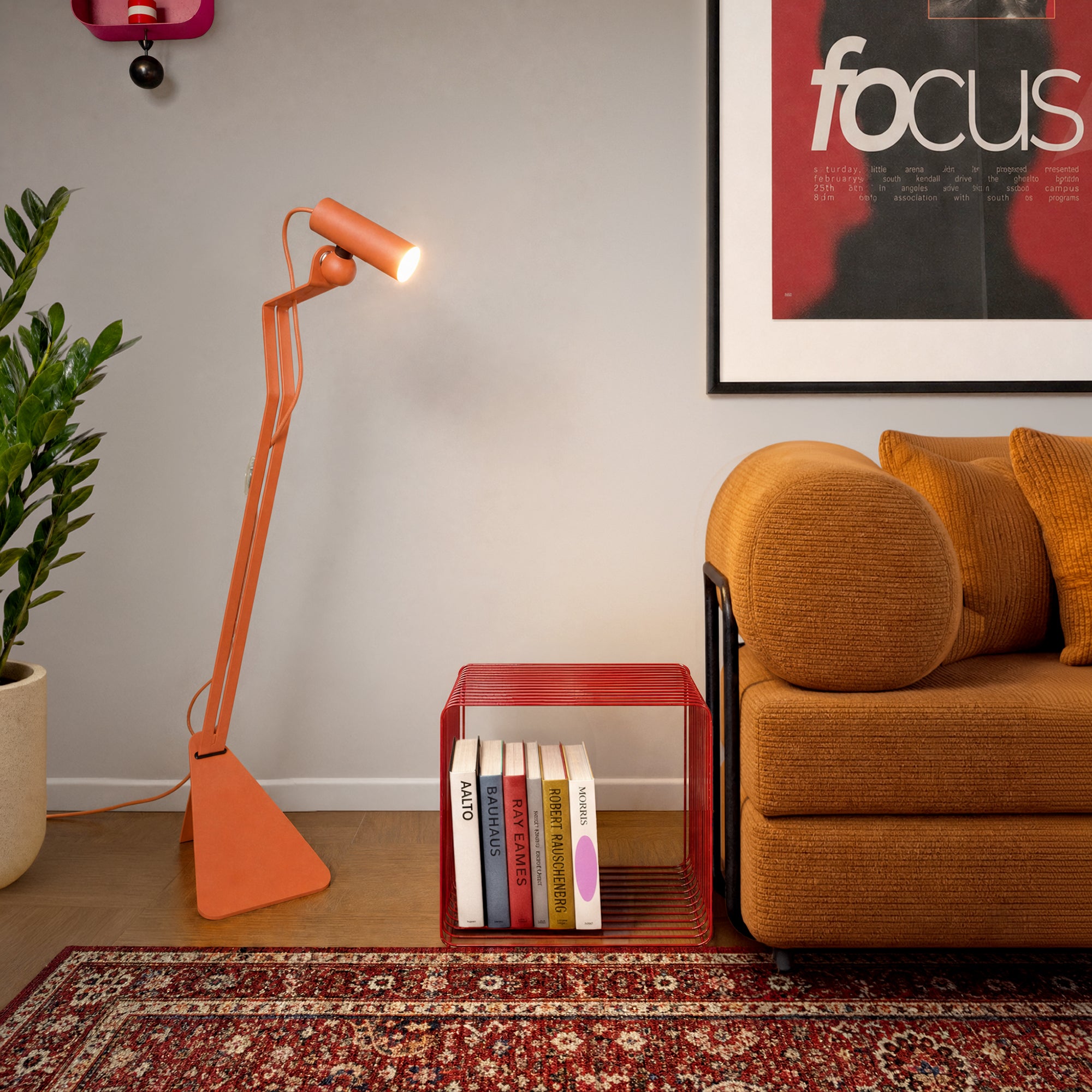 Adjustable floor lamp with adjustable magnetic Spotlight and UK Plug - Mario Tubo - Orange