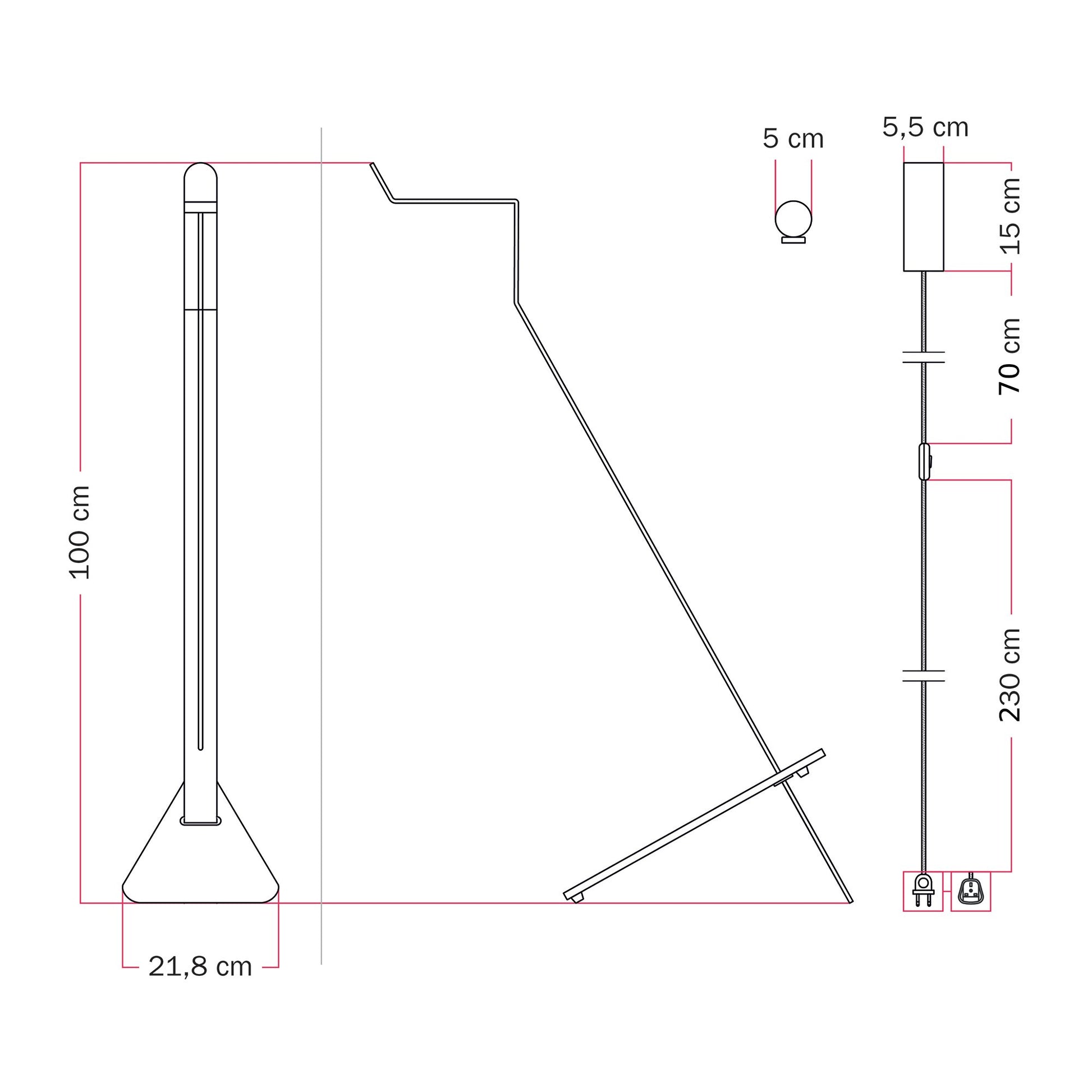 Lampada da terra inclinabile con faretto magnetico orientabile e spina UK - Mario Tubo - Nero