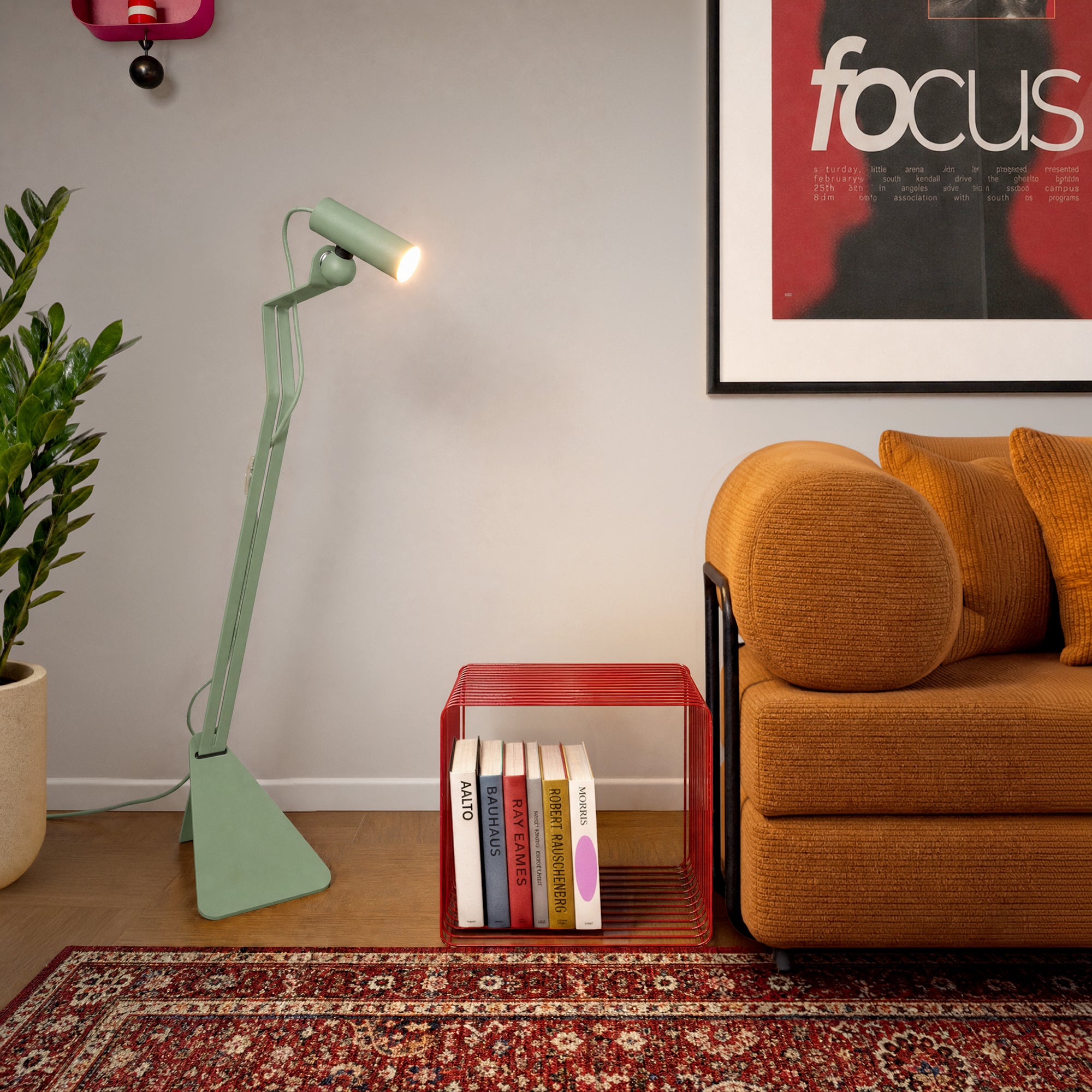 Tilting floor lamp with adjustable magnetic Spotlight and UK Plug - Mario Tube - Green