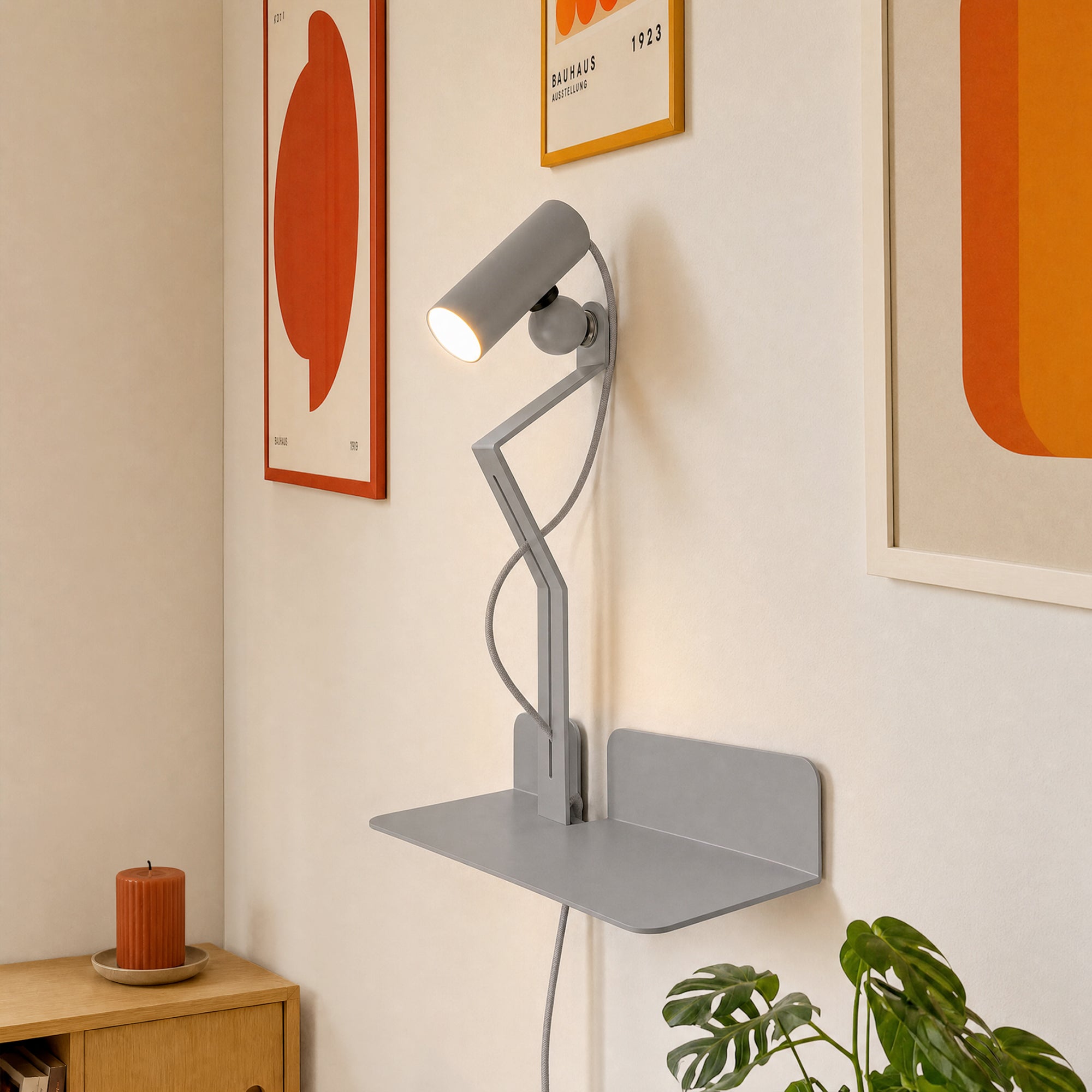 Wall lamp with shelf, adjustable magnetic Spotlight and UK Plug - Murio Tube - Grey