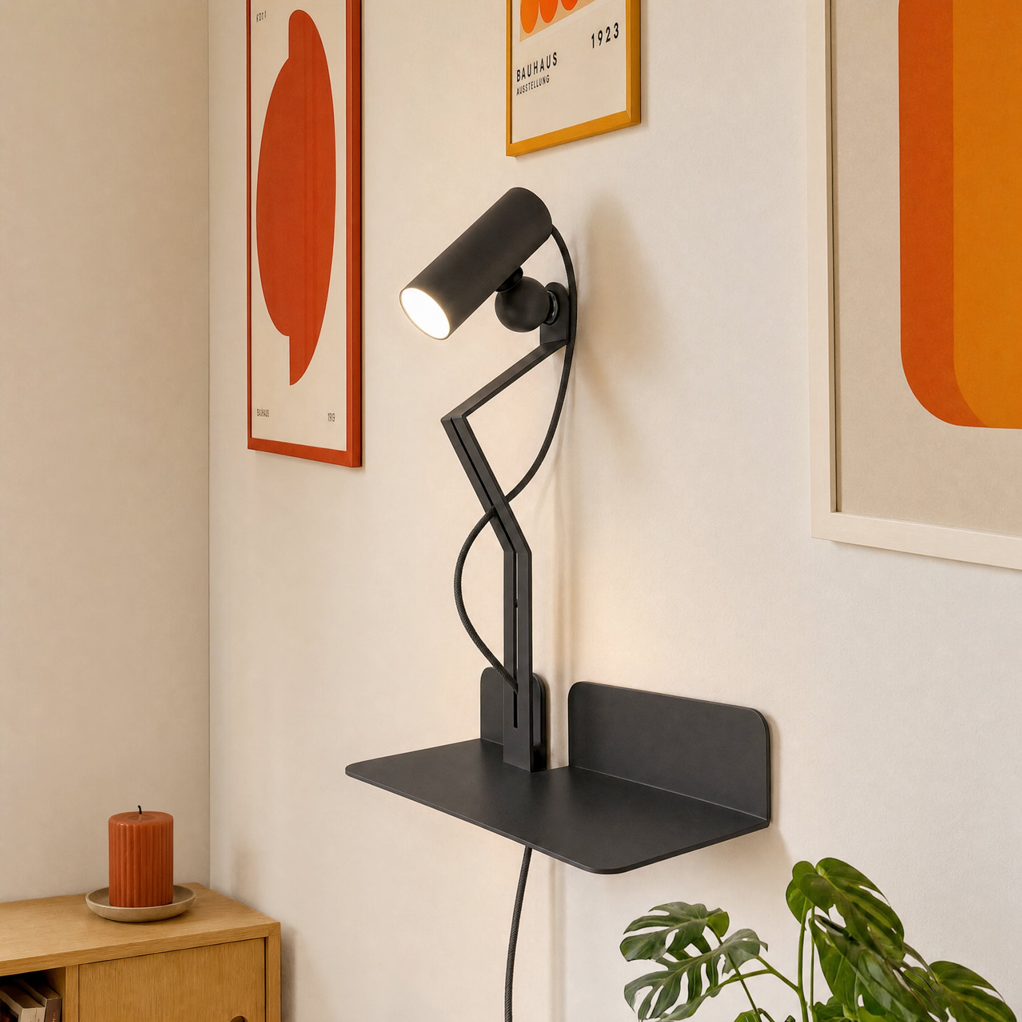 Wall lamp with shelf, adjustable magnetic Spotlight and UK Plug - Murio Tubo - Black