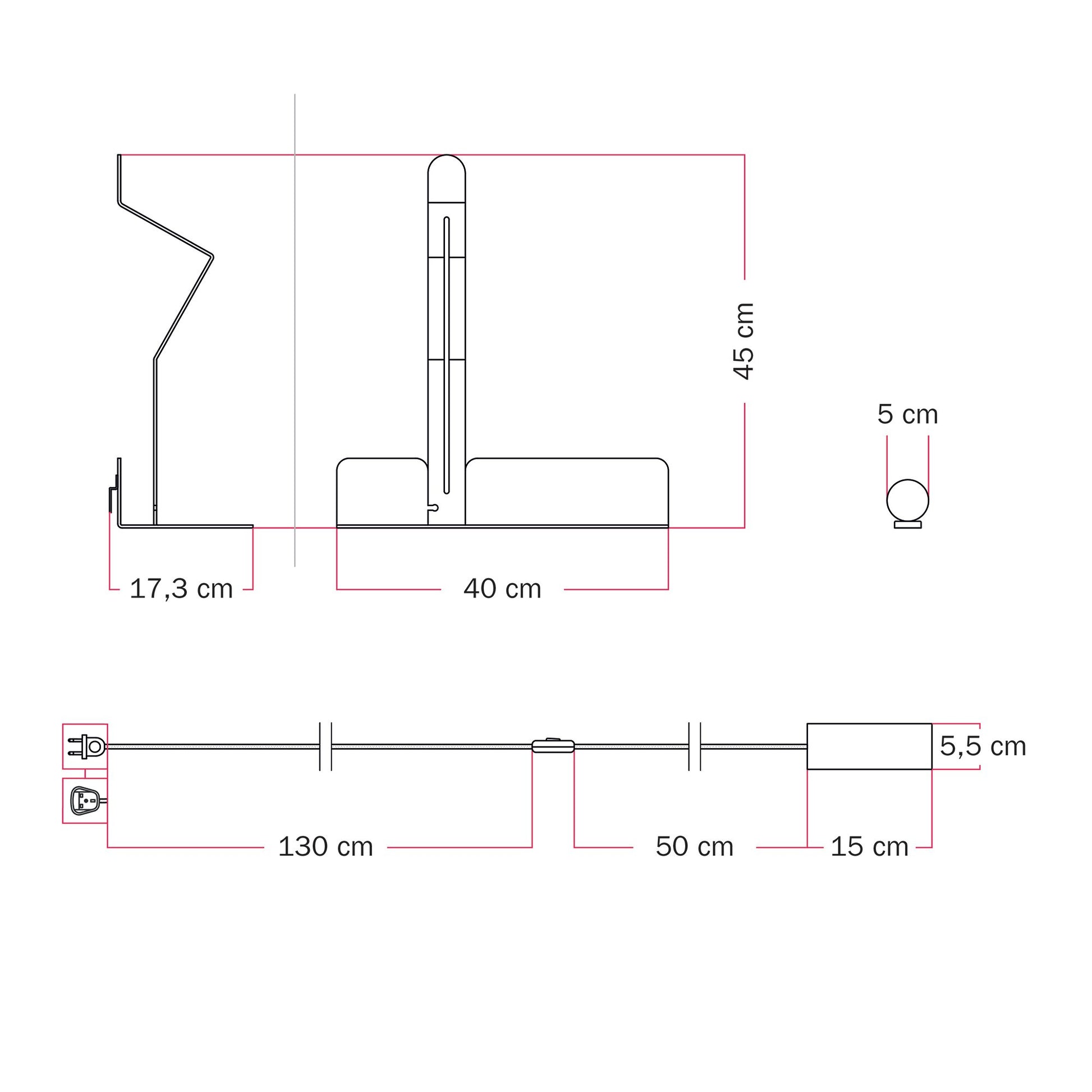 Lampada da parete con mensola, faretto magnetico orientabile e spina UK - Murio Tubo - Rosso