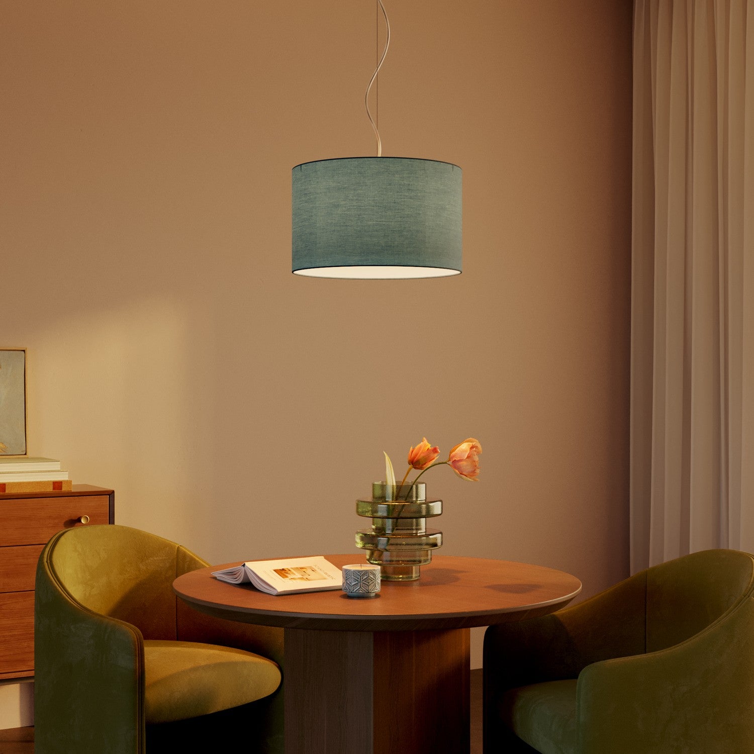 Lampada a sospensione con paralume in tessuto Cilindro Small - Made in Italy - Teletta Verde Dubbio No