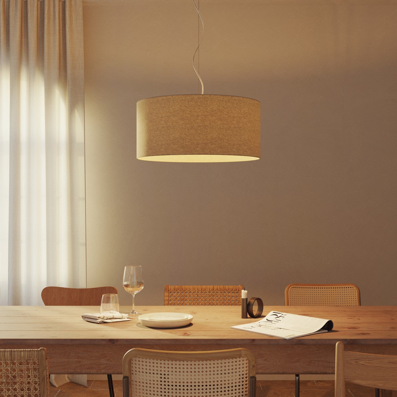 Lampada a sospensione con paralume in tessuto Cilindro Large - Made in Italy - Lana Beige No