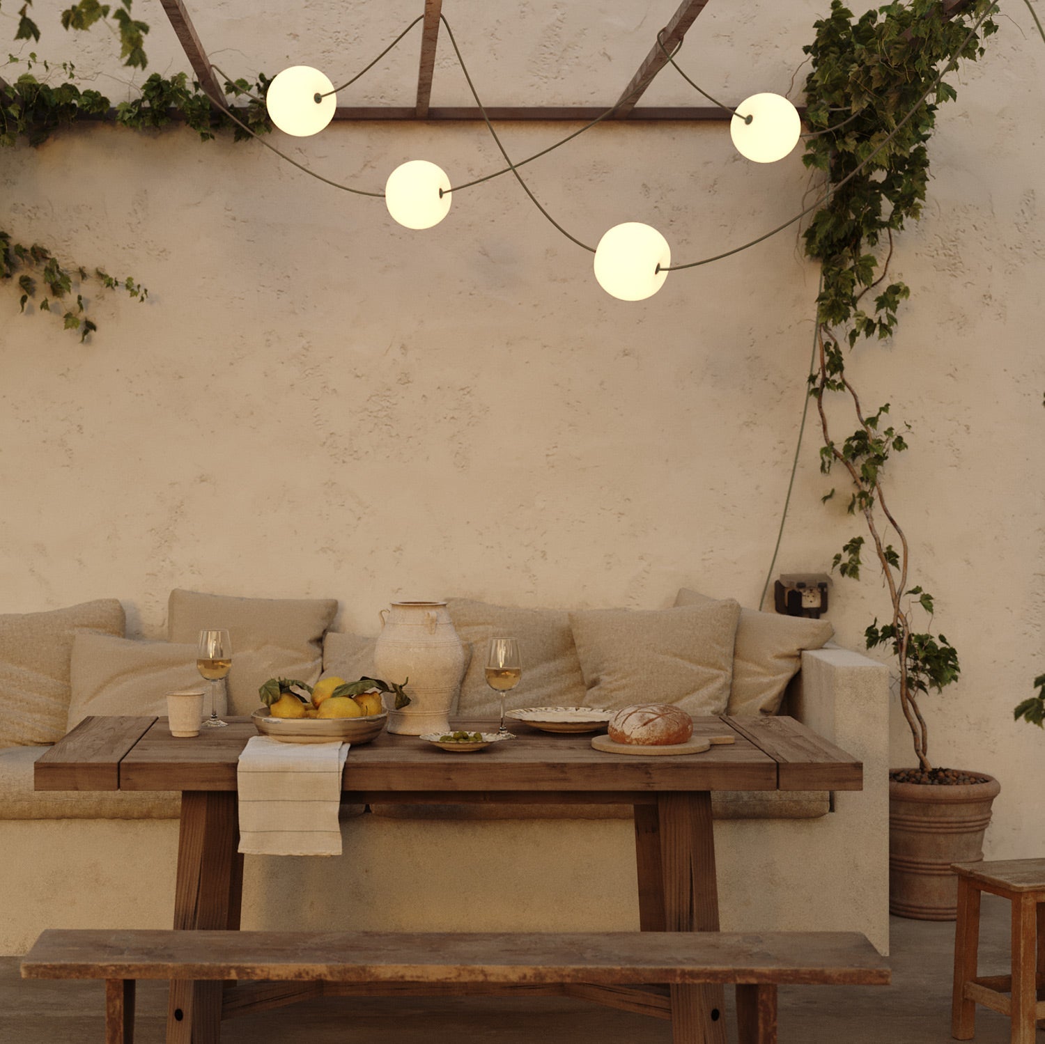 Catena luminosa 4 punti luce da esterno IP67 Verde Oliva con spina UK - Marina4 Cherry 140 cm
