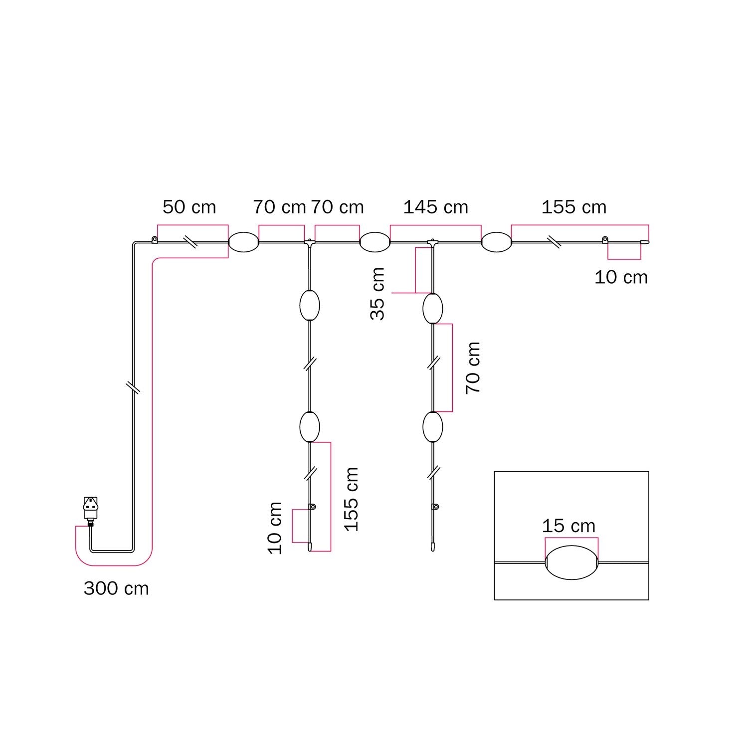 Catena luminosa reticolare 7 punti luce da esterno IP67 Rosso stella marina con spina UK - Marina GRID