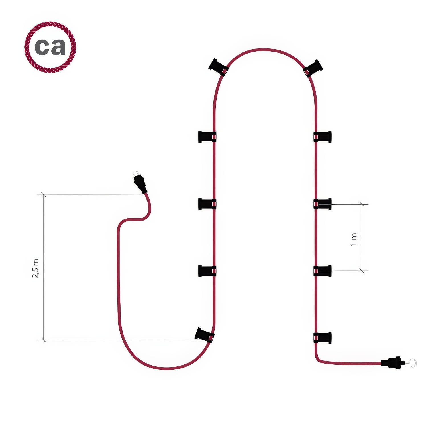 Catenaria Sistema Lumet da 12,5 m con cavo tessile CF15, 10 portalampada, gancio e spina neri