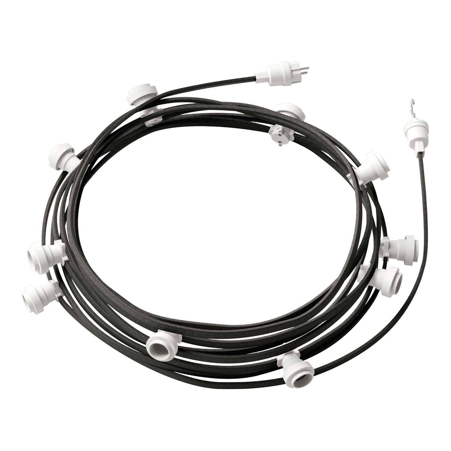 Catenaria Sistema Lumet da 12,5 m con cavo tessile CM03, 10 portalampada, gancio e spina bianchi