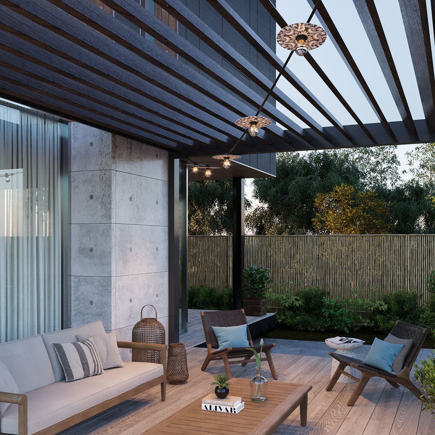 Catenaria Sistema Lumet 'Maioliche' da 7,5 m con cavo tessile, 5 portalampada e paralumi Bianco e Nero, gancio e spina nera