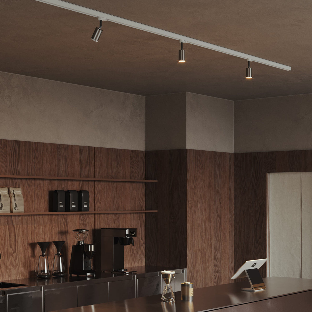 Faretto orientabile Bispot per sistema a binario - Titanio satinato / Bianco opaco Si Stucchi