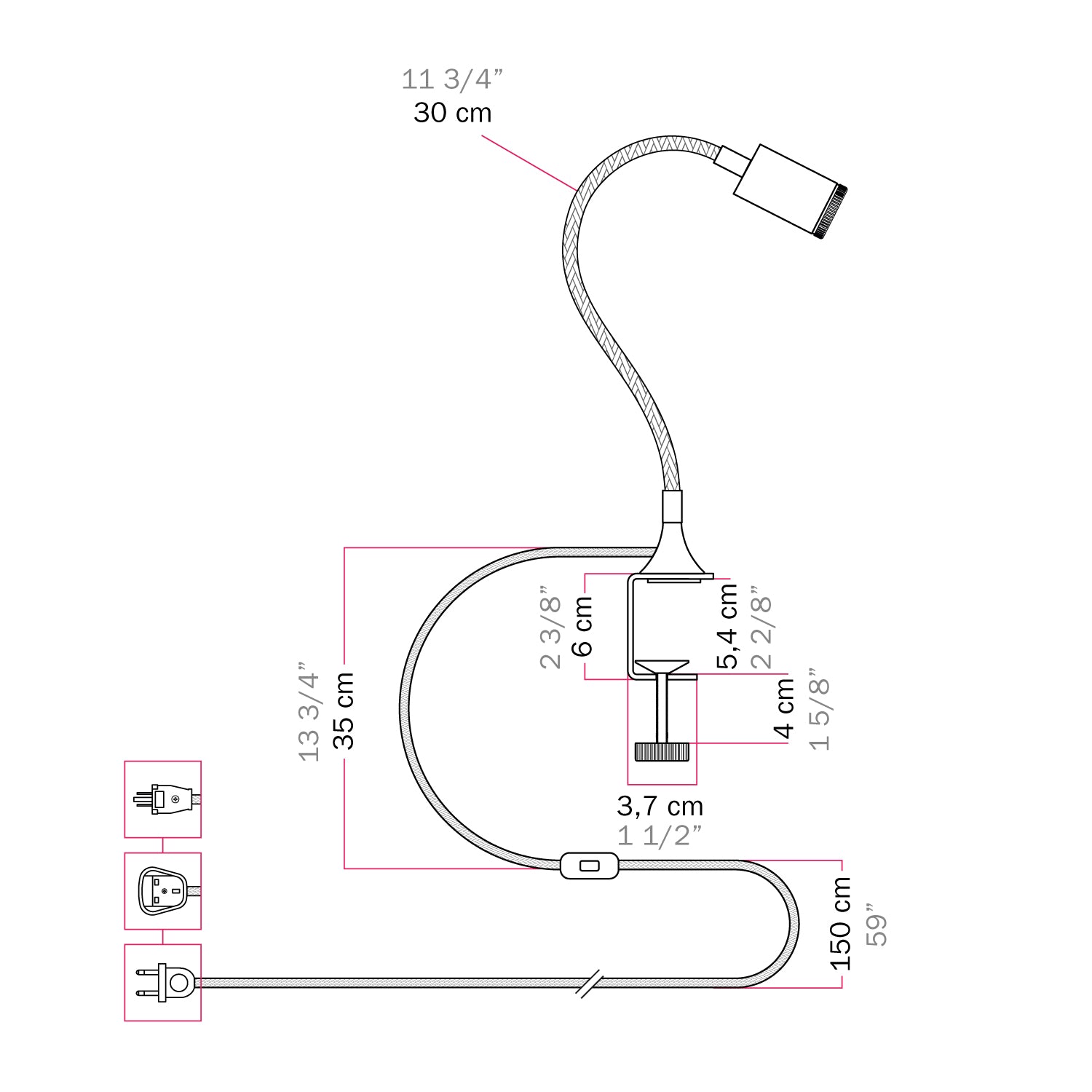 Faretto snodabile MAG-Y con pinza e spina UK - Titanio satinato