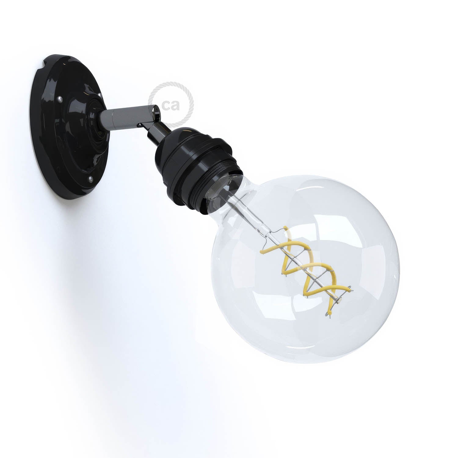 Fermaluce Classic 90° con portalampada filettato E27, lampada filomuro orientabile in porcellana - Nero