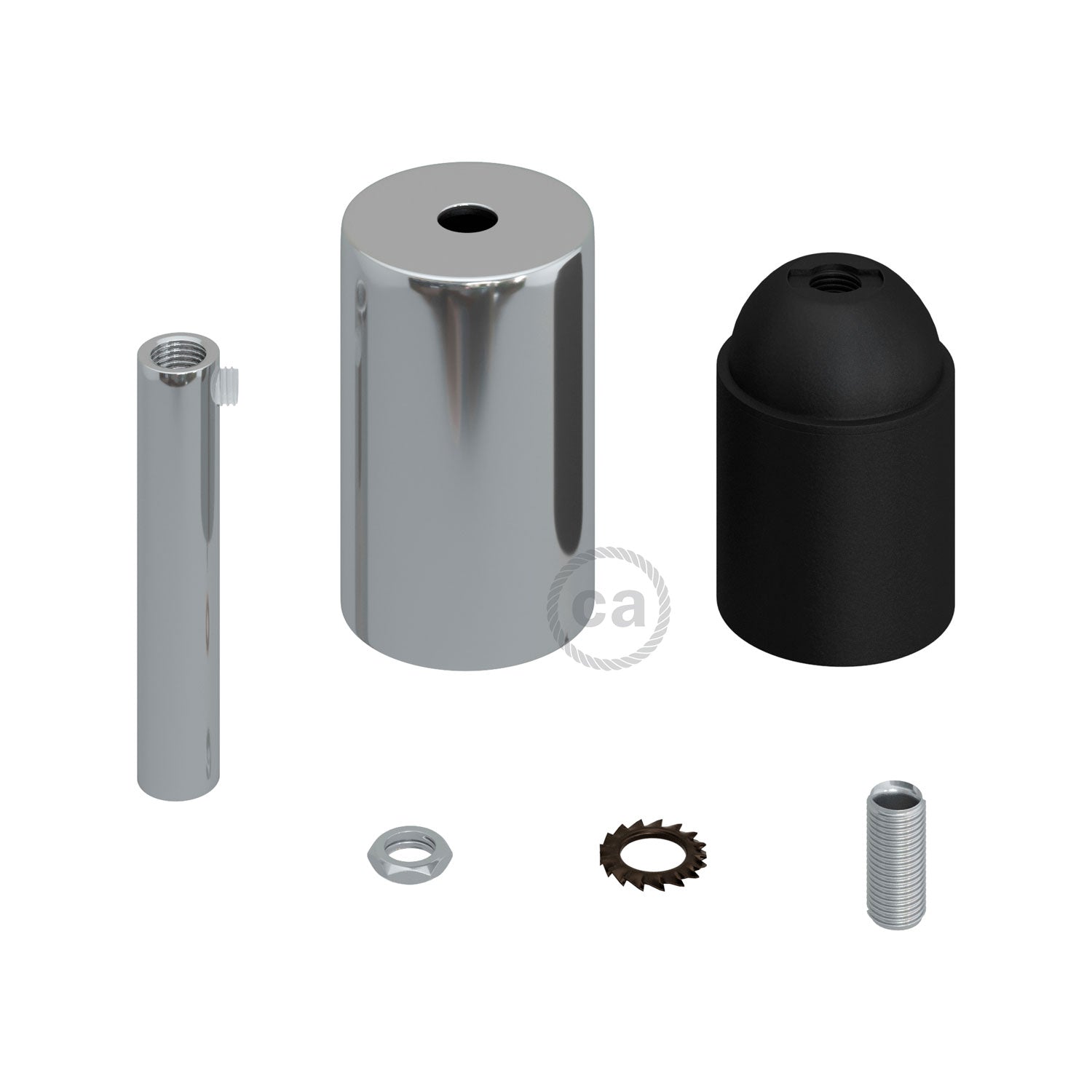 Kit portalampada E27 cilindrico in metallo con serracavo da 7 cm - Cromo