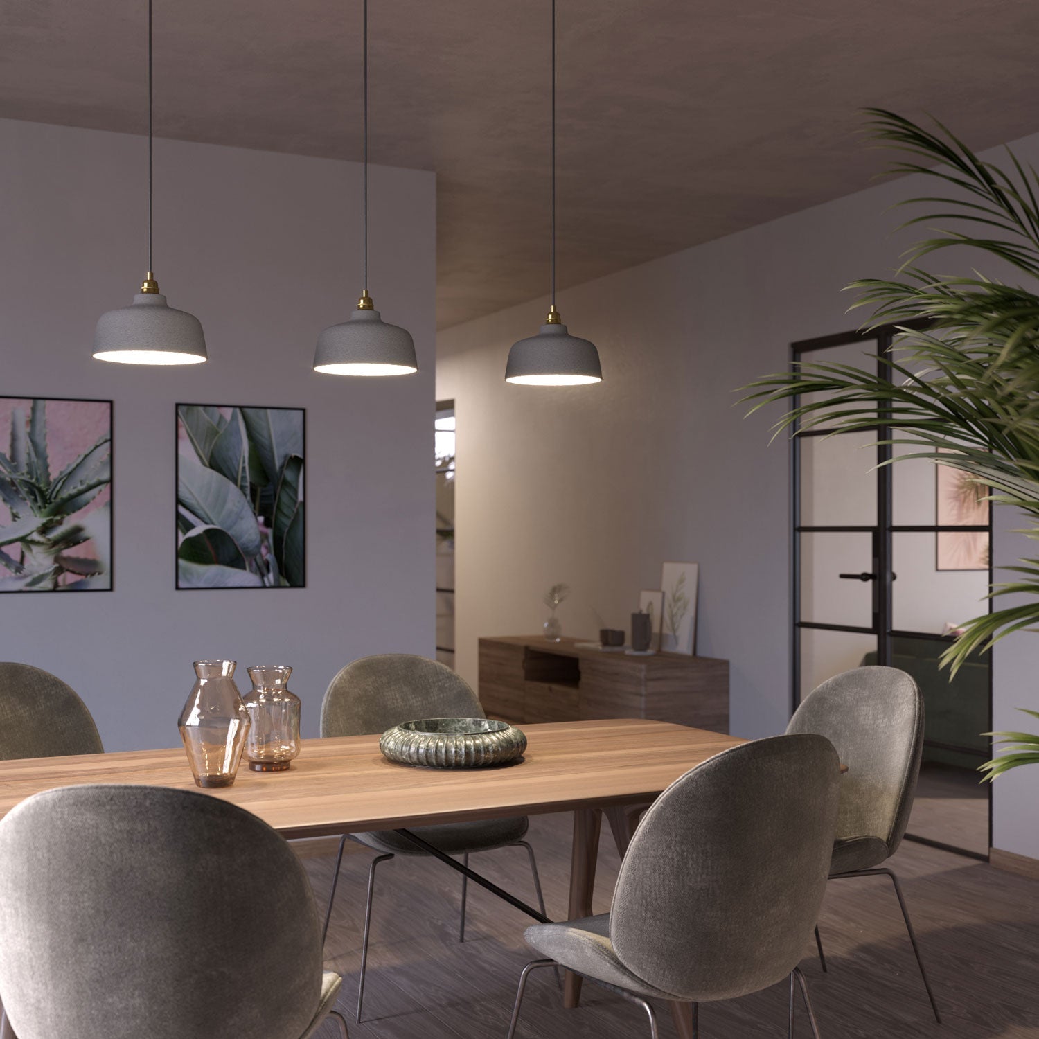 Lampada a sospensione completa di cavo tessile, paralume Coppa in ceramica e finiture in metallo - Effetto cemento