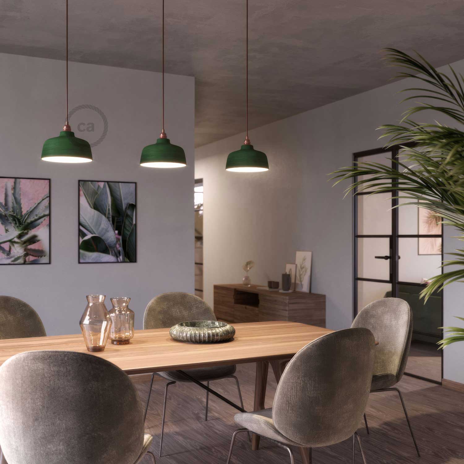 Lampada a sospensione completa di cavo tessile, paralume Coppa in ceramica e finiture in metallo - Evergreen striato