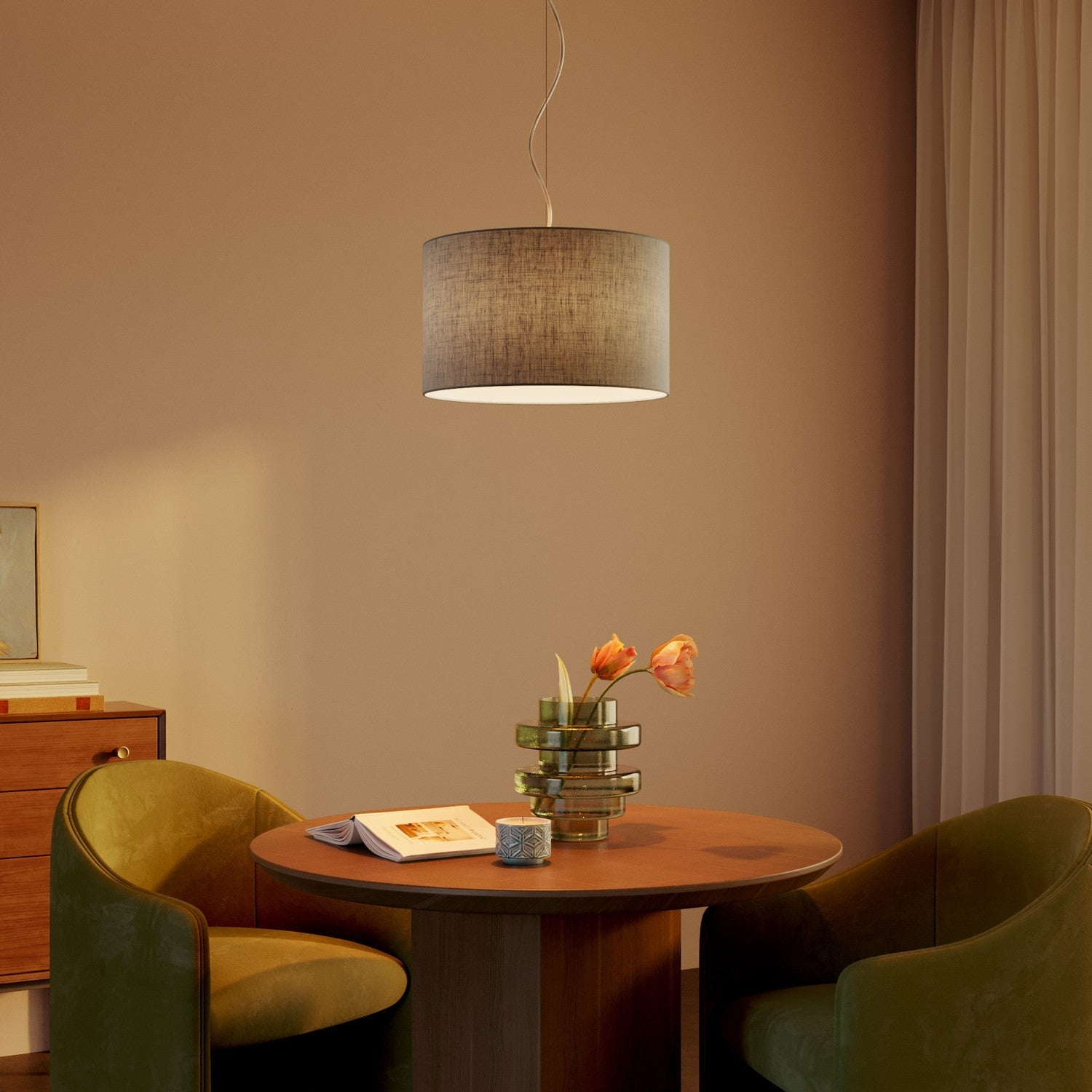 Lampada a sospensione con paralume in tessuto Cilindro Small Camelot grigio chiaro - Made in Italy No