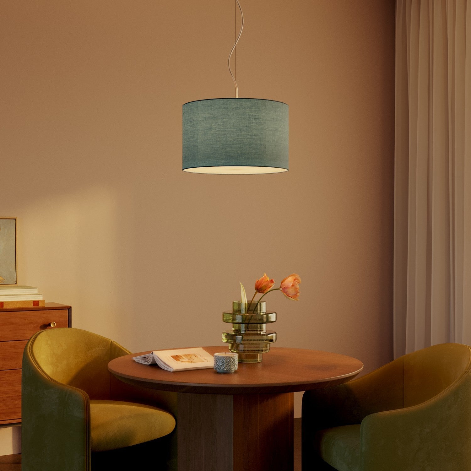 Lampada a sospensione con paralume in tessuto Cilindro Small - Made in Italy - Teletta Verde Dubbio Si