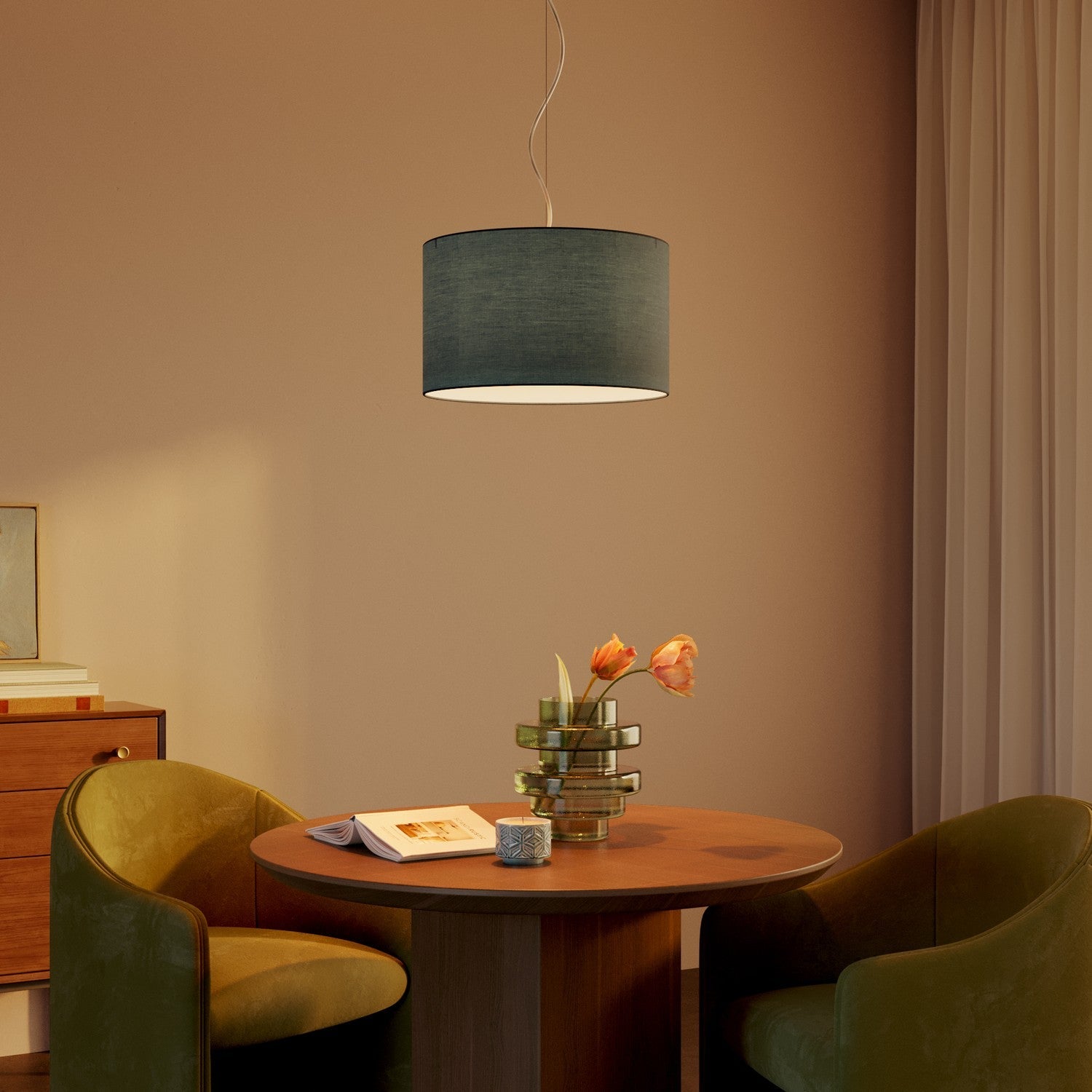 Lampada a sospensione con paralume in tessuto Cilindro Small Teletta azzurro severo - Made in Italy No