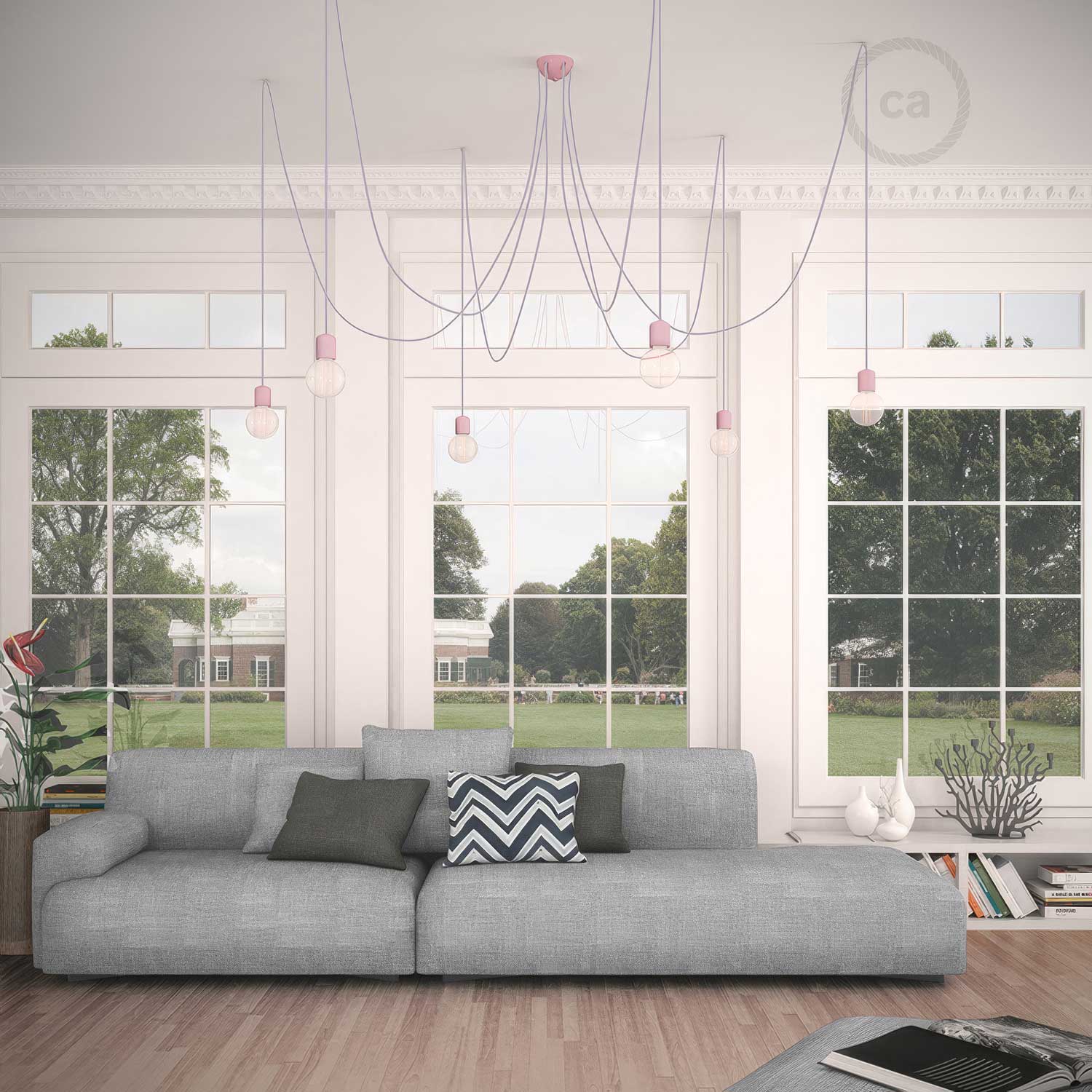 Lampada a sospensione multipla a 6 cadute con finiture in ceramica colorata - Lilla