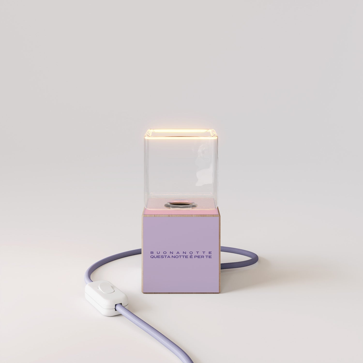 Lampada da tavolo Cubetto "Buonanotte fiorellino" con spina inglese e lampadina Ghost - Santomanifesto