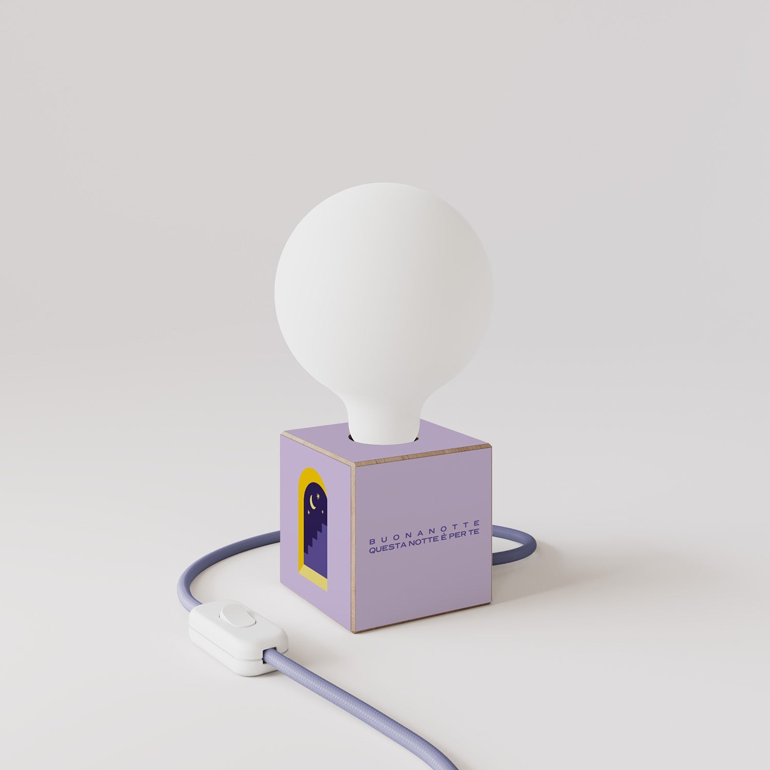 Lampada da tavolo Cubetto "Buonanotte fiorellino" con spina inglese e lampadina globo effetto porcellana - Santomanifesto