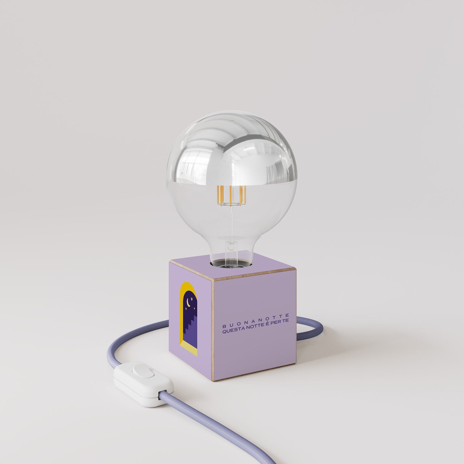Lampada da tavolo Cubetto "Buonanotte fiorellino" con spina inglese e lampadina globo mezza sfera argento - Santomanifesto