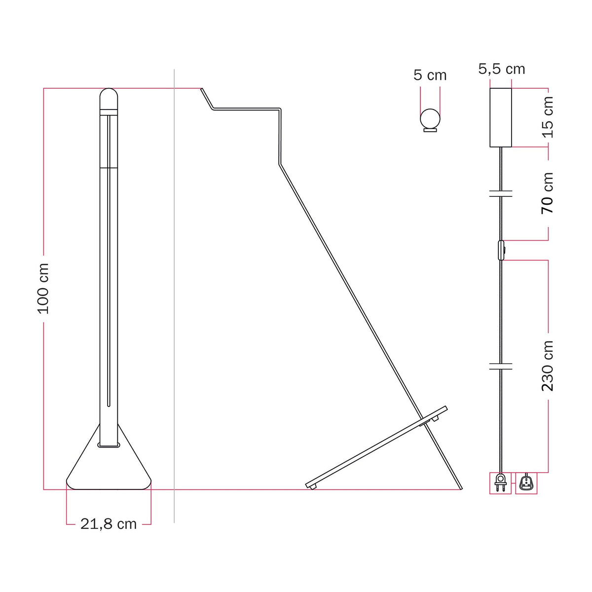 Lampada da terra inclinabile con faretto magnetico orientabile e spina UK - Mario Tubo - Nero
