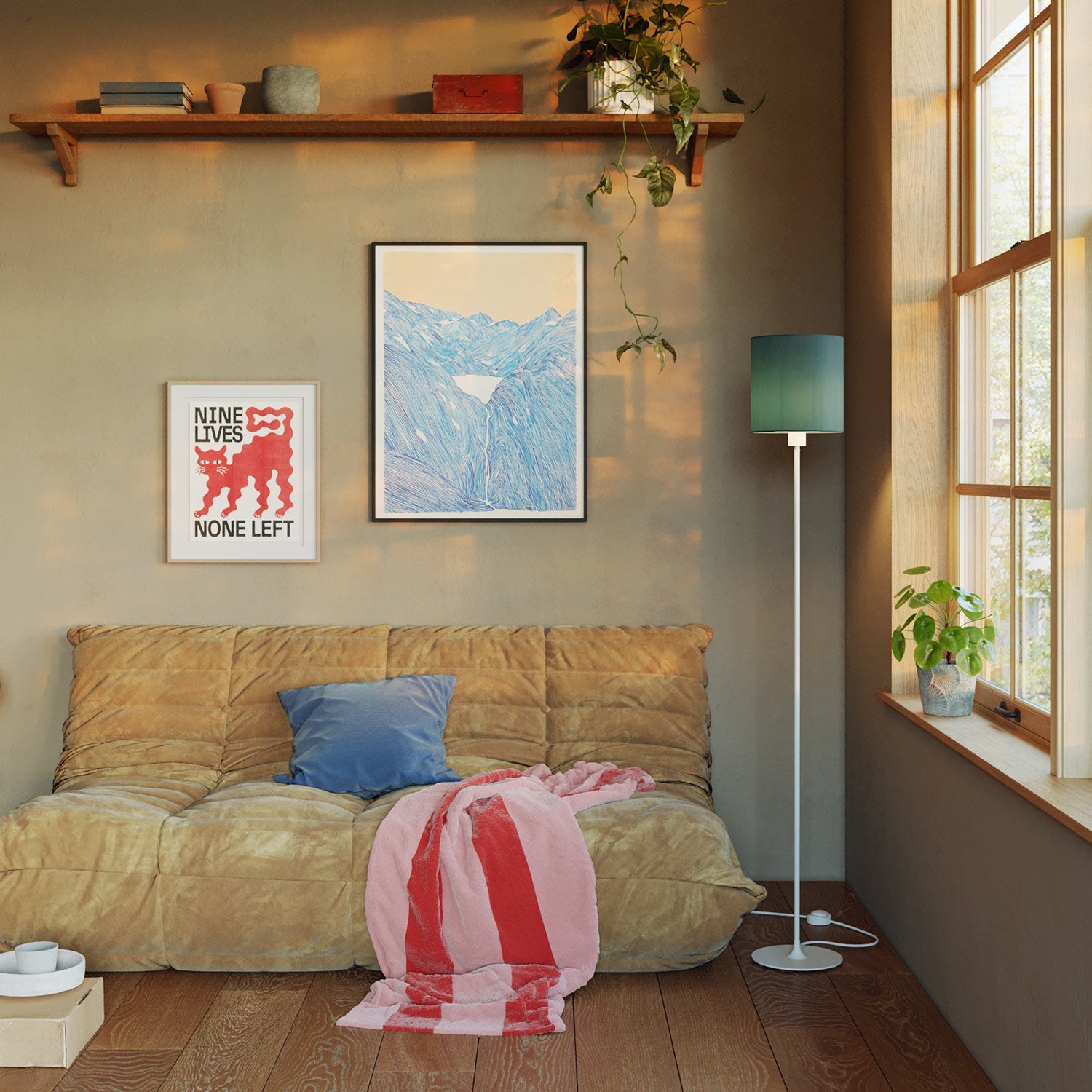 Lampada da terra MAG-Y con base metallica tonda, paralume Cilindro M e spina UK - Bianco opaco