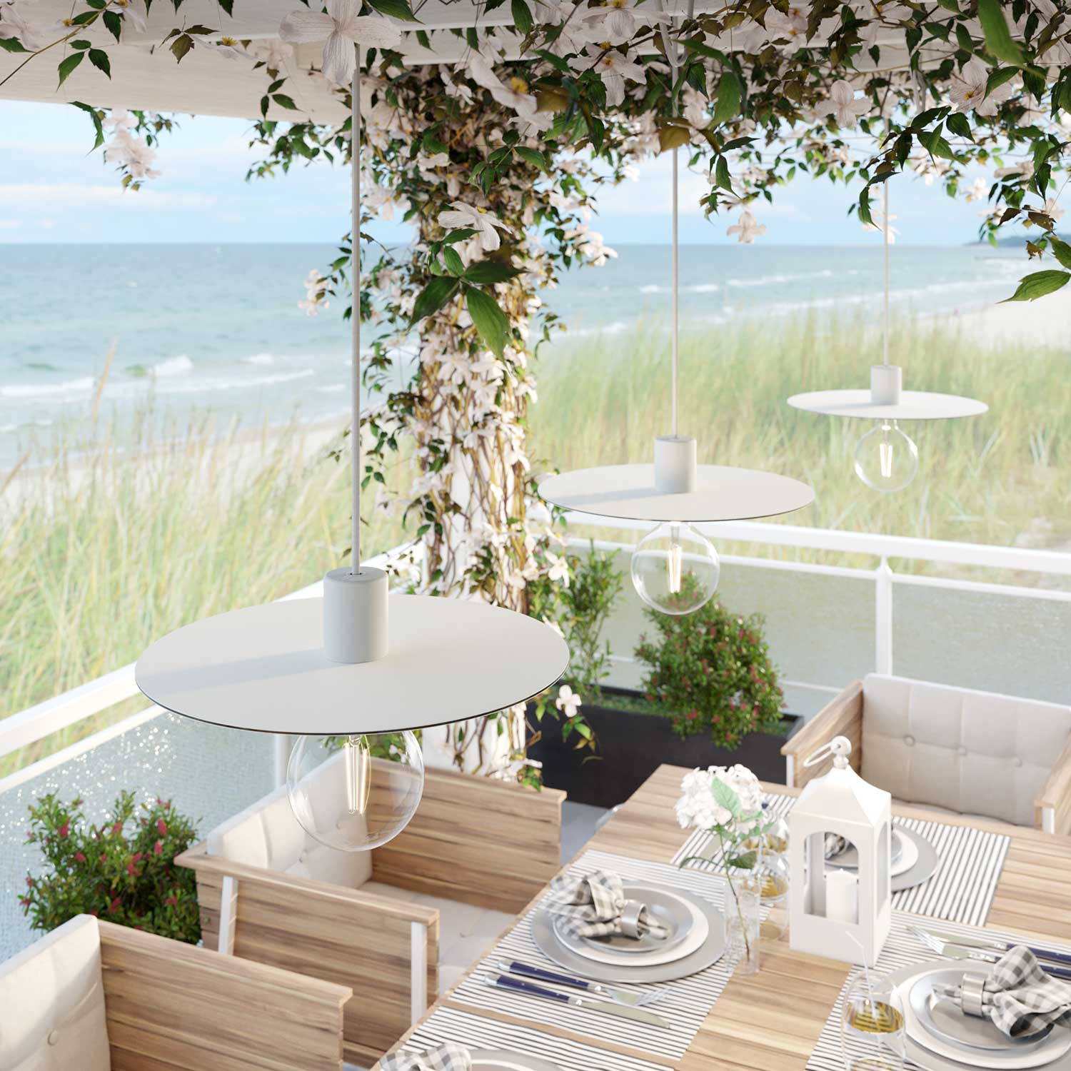 Modulair ELEGANT Lampada con 5 m cavo tessile, paralume Ellepì, rosone e portalampada in silicone IP65 waterproof - Bianco