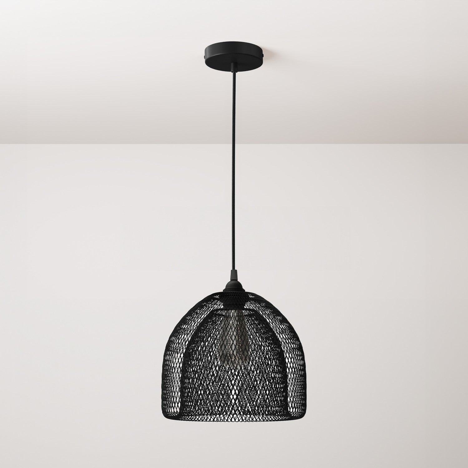 Pendant lamp with textile cable, Ghostbell XL cage lampshade and metal details - Black