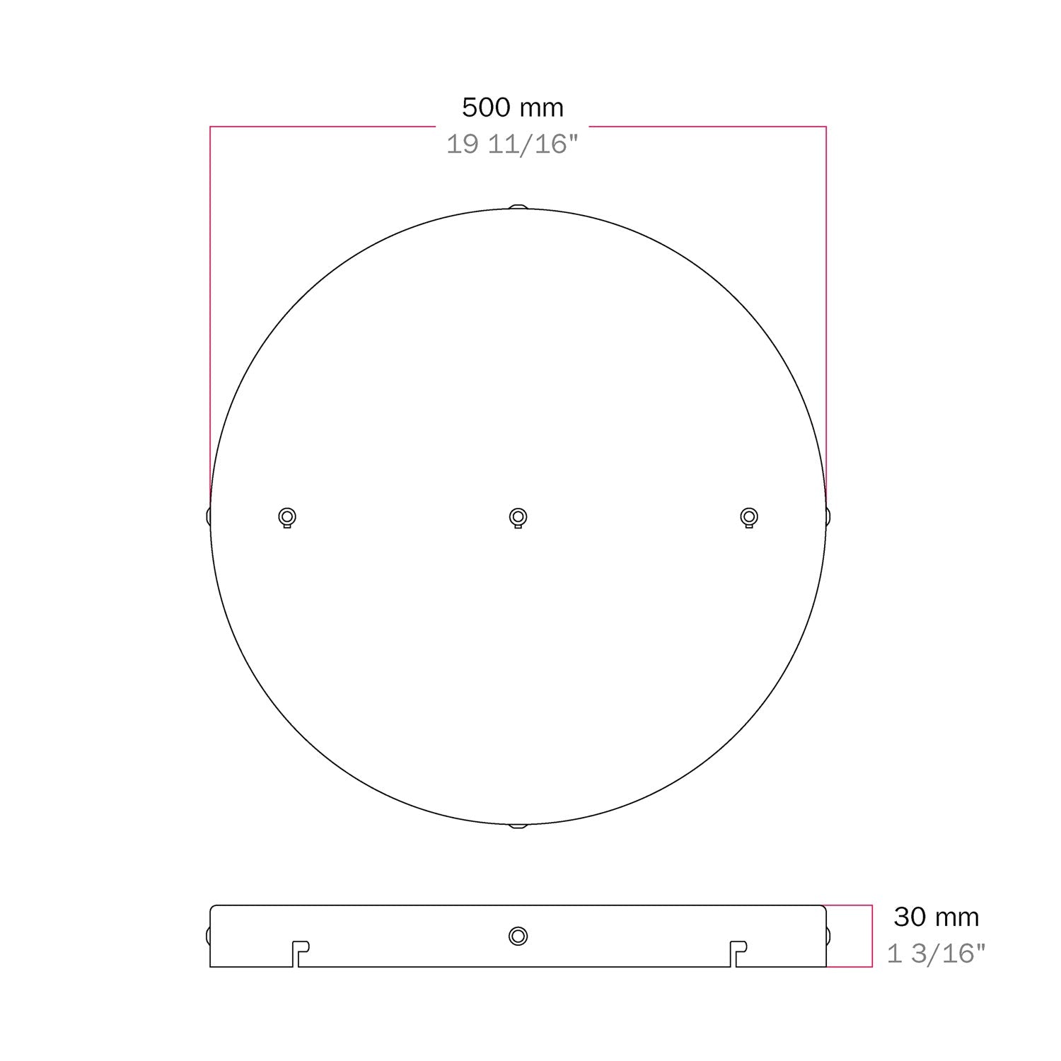 Rosone rotondo in alluminio Ø 50 cm con staffa e cavo di messa a terra, con 3 fori in linea frontali - Nero 4