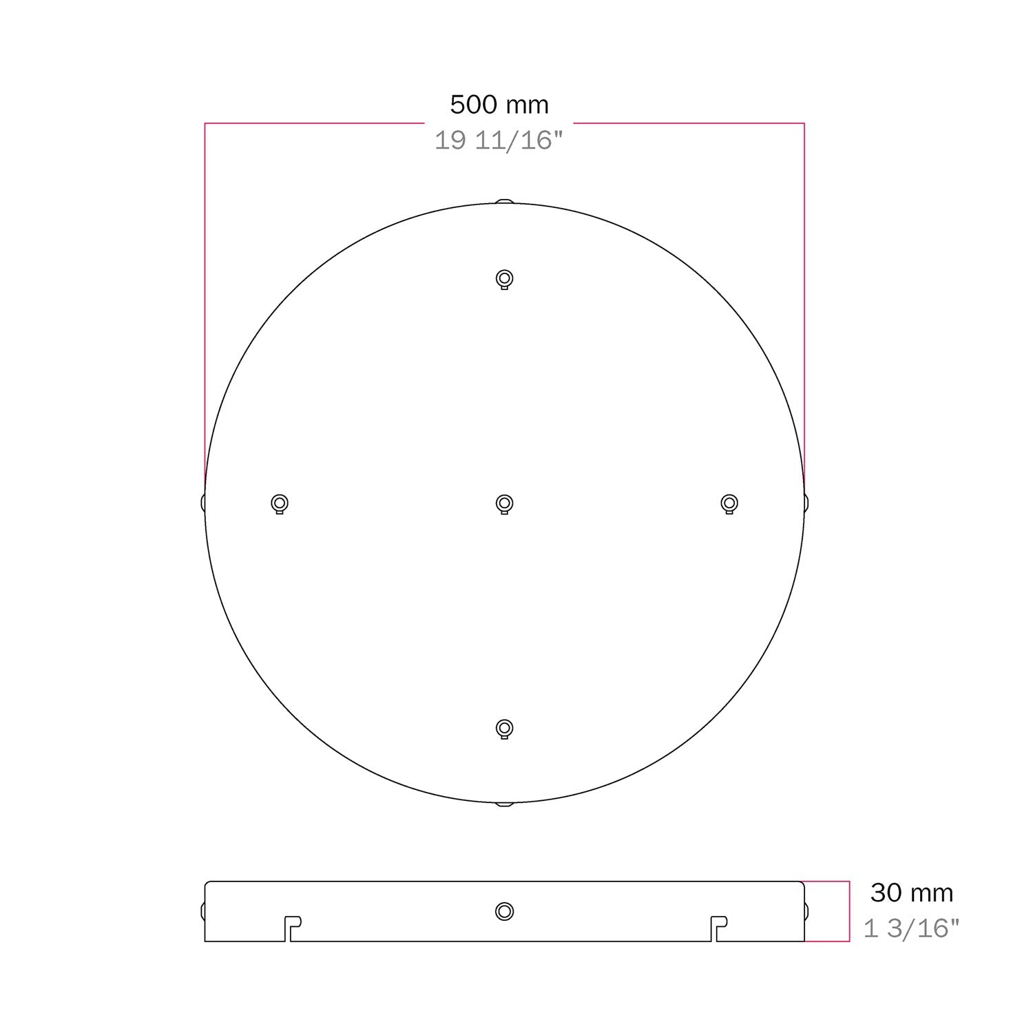 Rosone rotondo in alluminio Ø 50 cm con staffa e cavo di messa a terra, con 5 fori frontali - Bianco Opaco 4