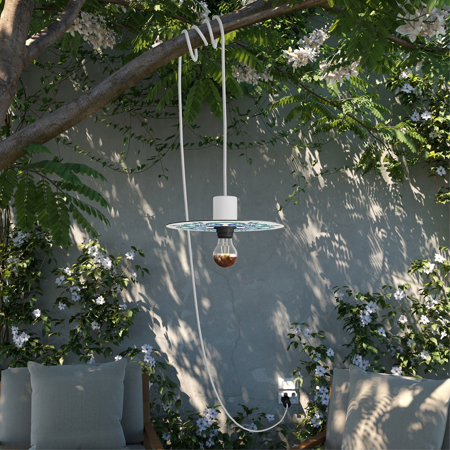 Snake Eiva con paralume mini Piatto Ellepì 'Maioliche' Blu, lampada portatile IP65 per esterni con spina UK